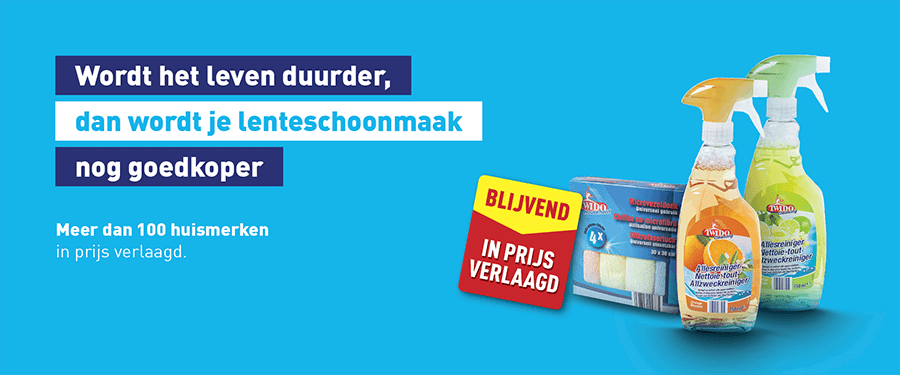 Wordt het leven duurder, dan wordt je lenteschoonmaak goedkoper. Meer dan 100 huismerken in prijs verlaagd.